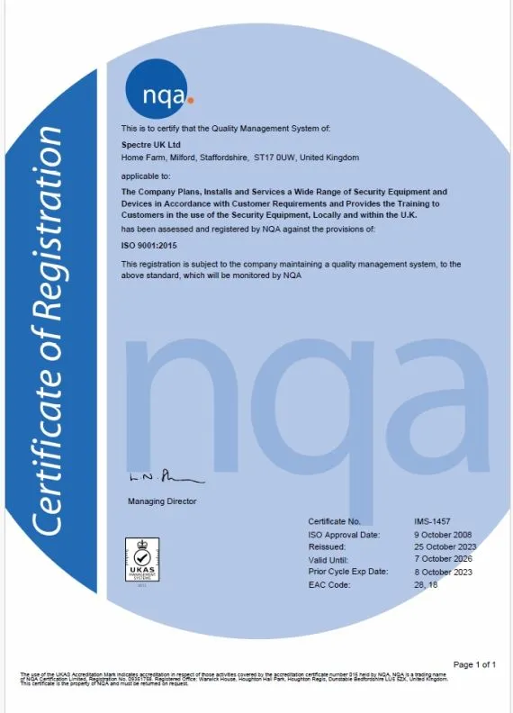 Spectre UK Ltd ISO 9001:2015 certificate of registration issued by NQA