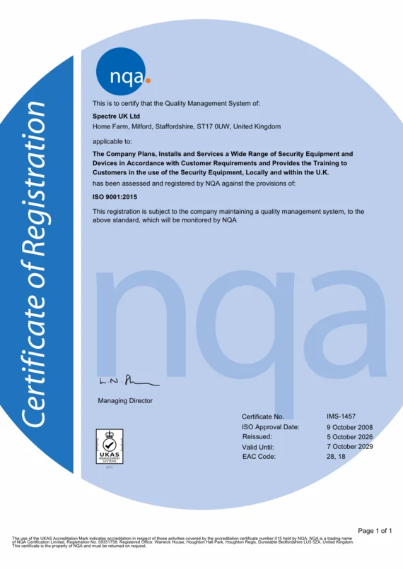 Spectre UK Ltd ISO 9001:2015 certificate of registration issued by NQA